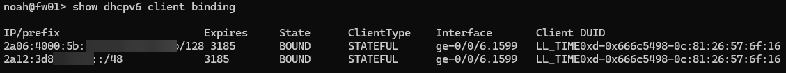 Juniper show DHCPv6 binding